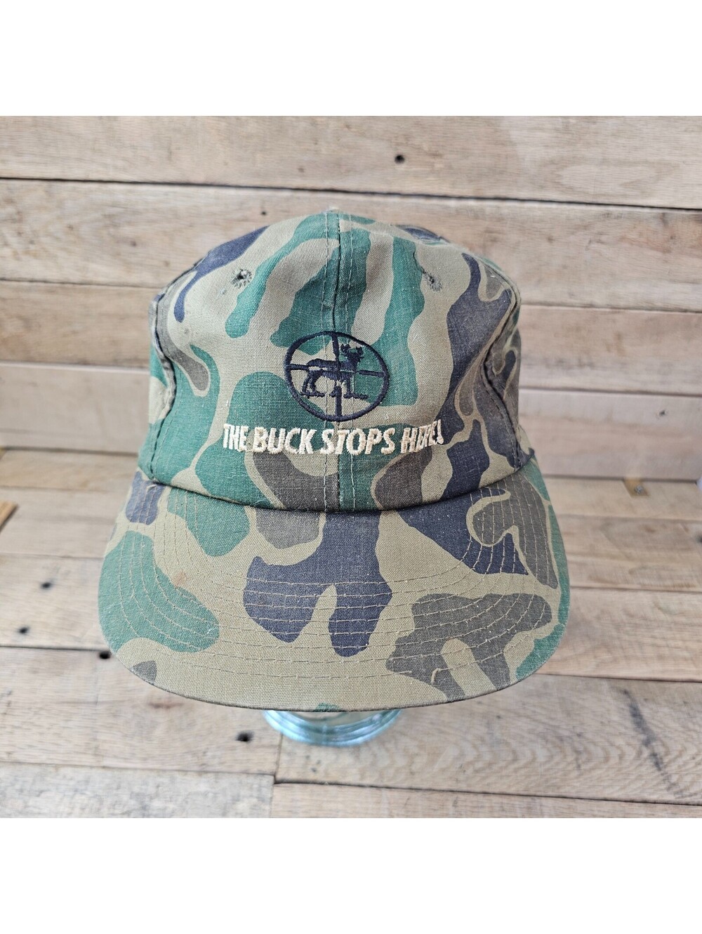 Vintage The Buck Stops Here Camo Hunting Cap Hat Deer Logo USA One Size